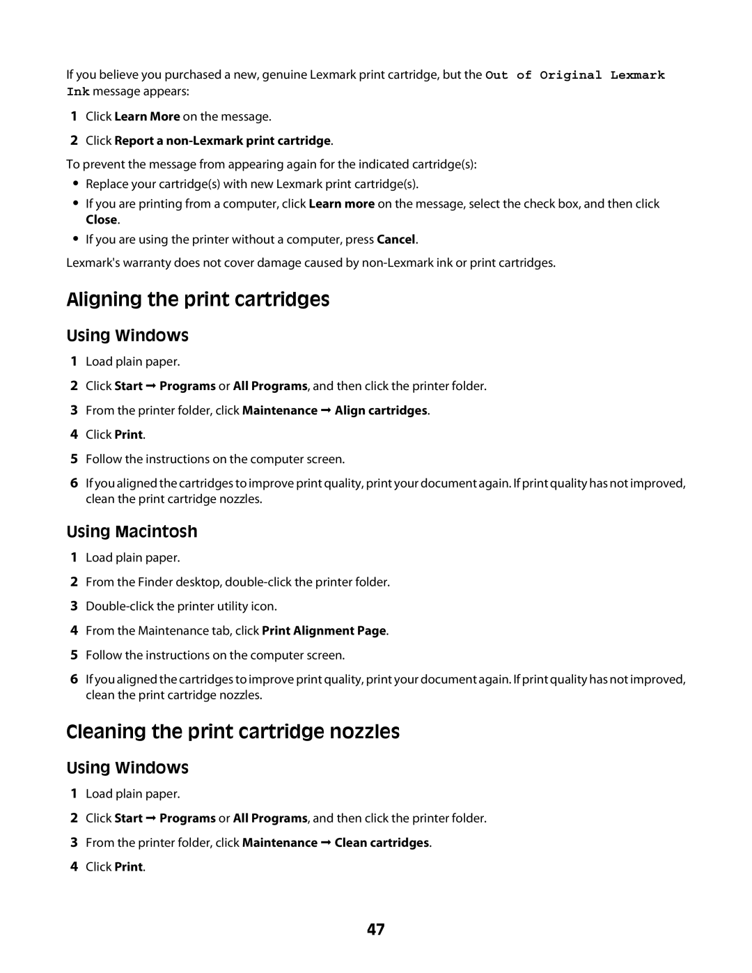 Lexmark Z2400 Series manual Aligning the print cartridges, Cleaning the print cartridge nozzles 