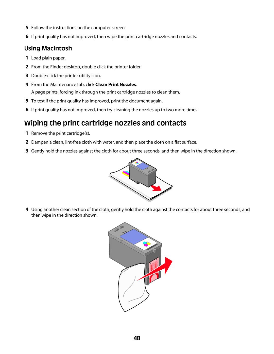 Lexmark Z2400 Series manual Wiping the print cartridge nozzles and contacts 