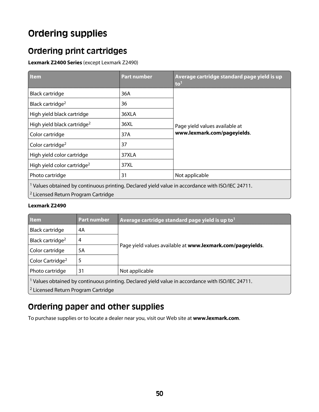 Lexmark Z2400 Series manual Ordering supplies, Ordering print cartridges, Ordering paper and other supplies, Lexmark Z2490 