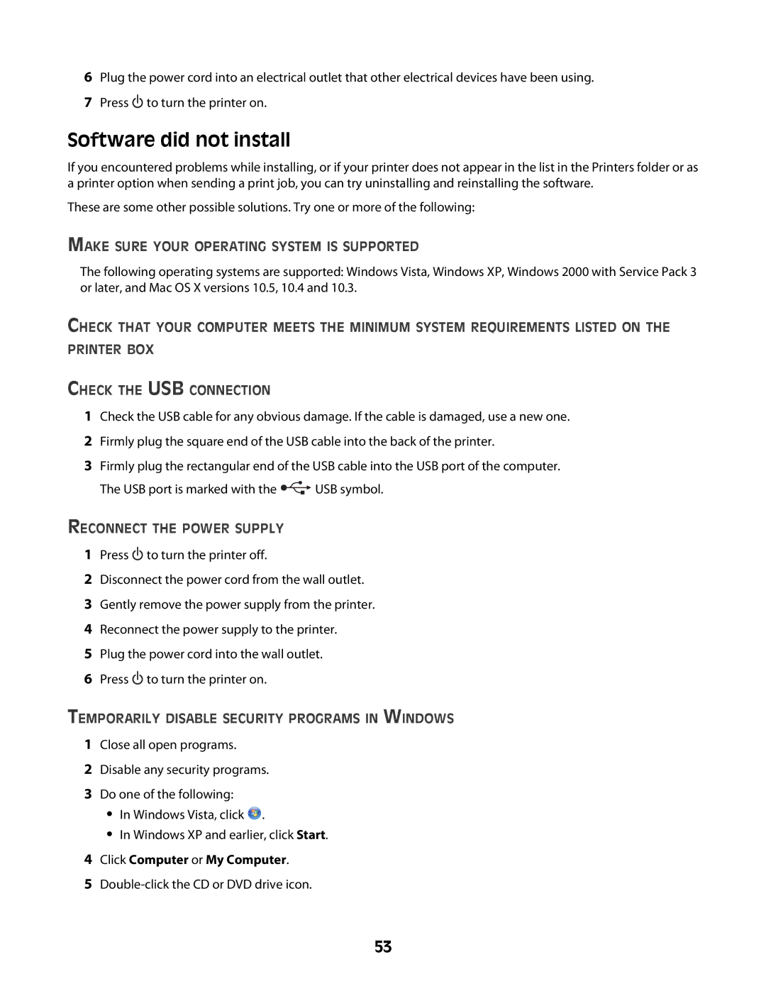 Lexmark Z2400 Series Software did not install, Make Sure Your Operating System is Supported, Reconnect the Power Supply 