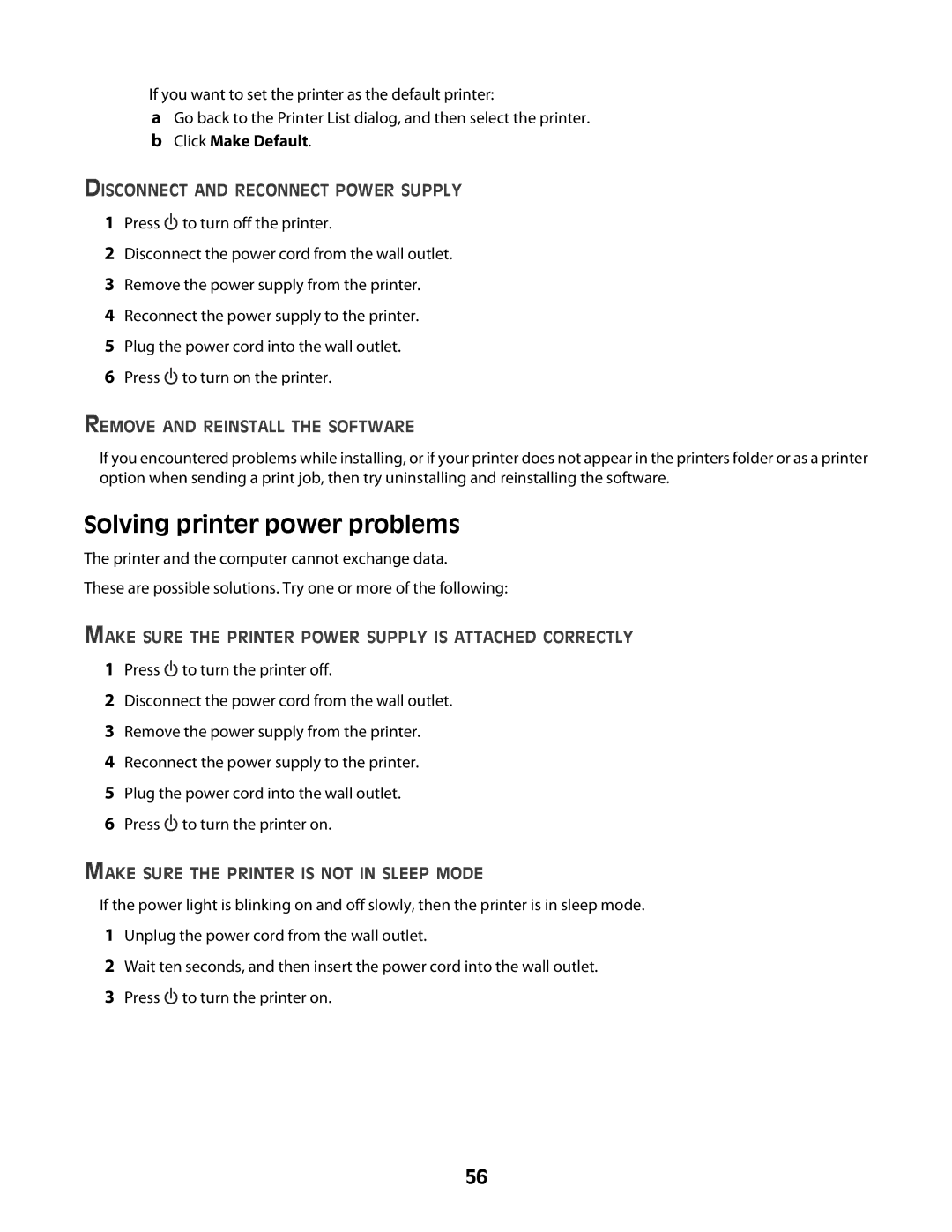 Lexmark Z2400 Series manual Solving printer power problems, Disconnect and Reconnect Power Supply 