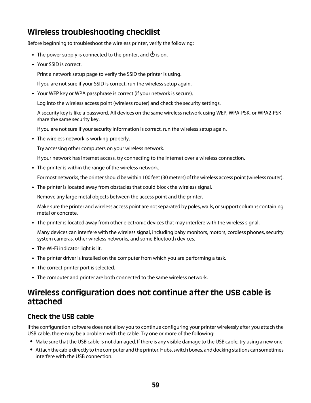 Lexmark Z2400 Series manual Wireless troubleshooting checklist, Check the USB cable 