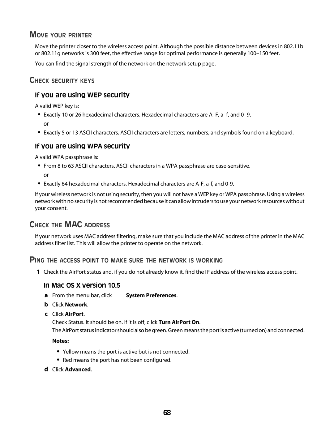 Lexmark Z2400 Series If you are using WEP security, If you are using WPA security, Mac OS X version, Check the MAC Address 