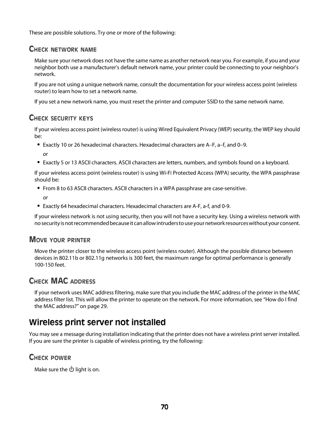 Lexmark Z2400 Series manual Wireless print server not installed, Check Network Name 