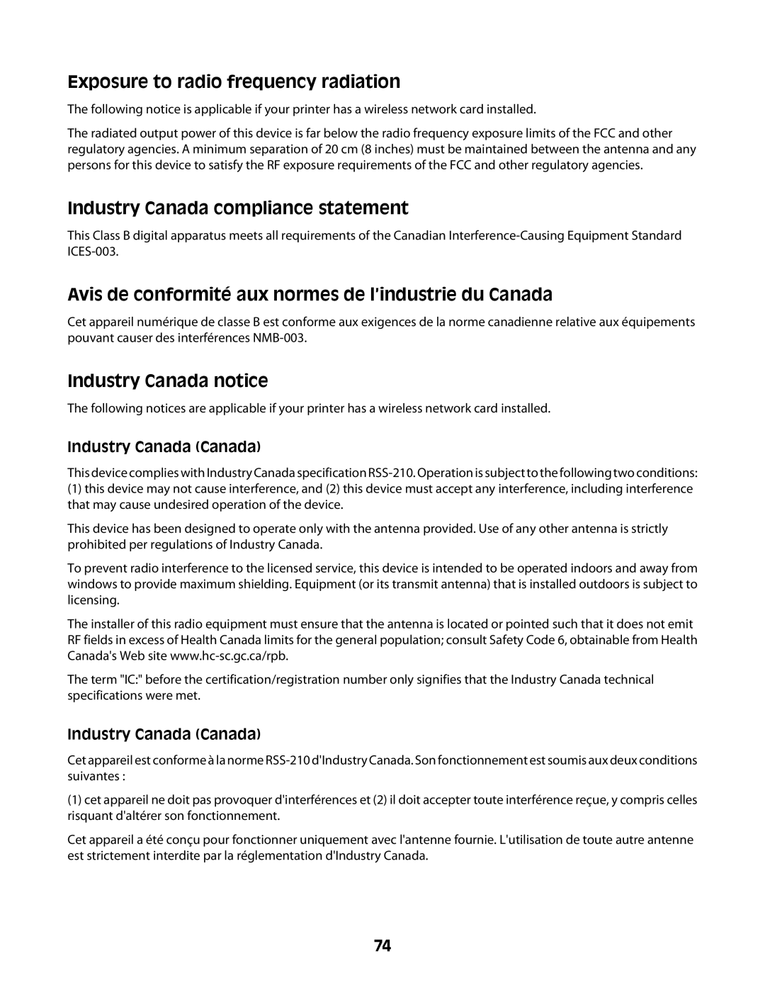 Lexmark Z2400 Series manual Exposure to radio frequency radiation, Industry Canada Canada 