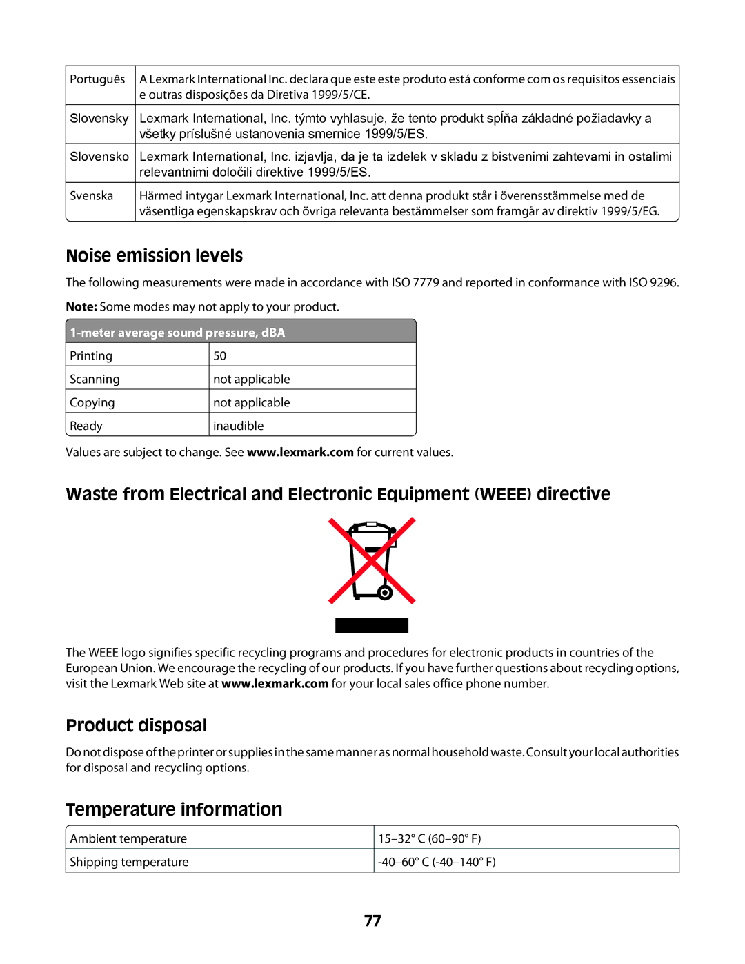 Lexmark Z2400 Series manual Noise emission levels 