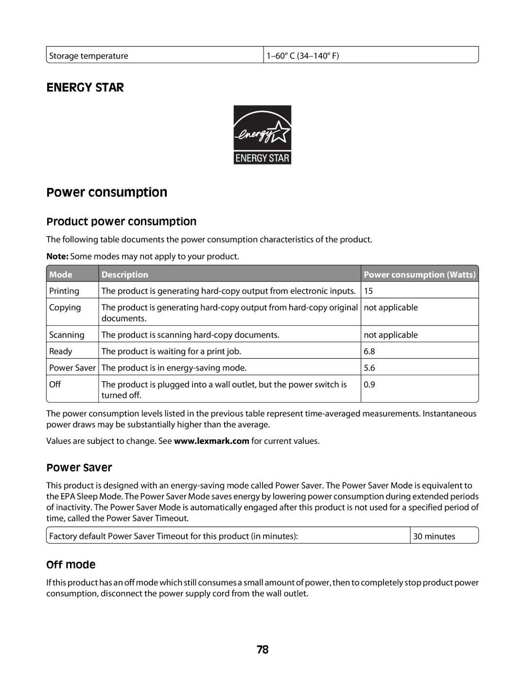 Lexmark Z2400 Series manual Product power consumption, Power Saver, Off mode 