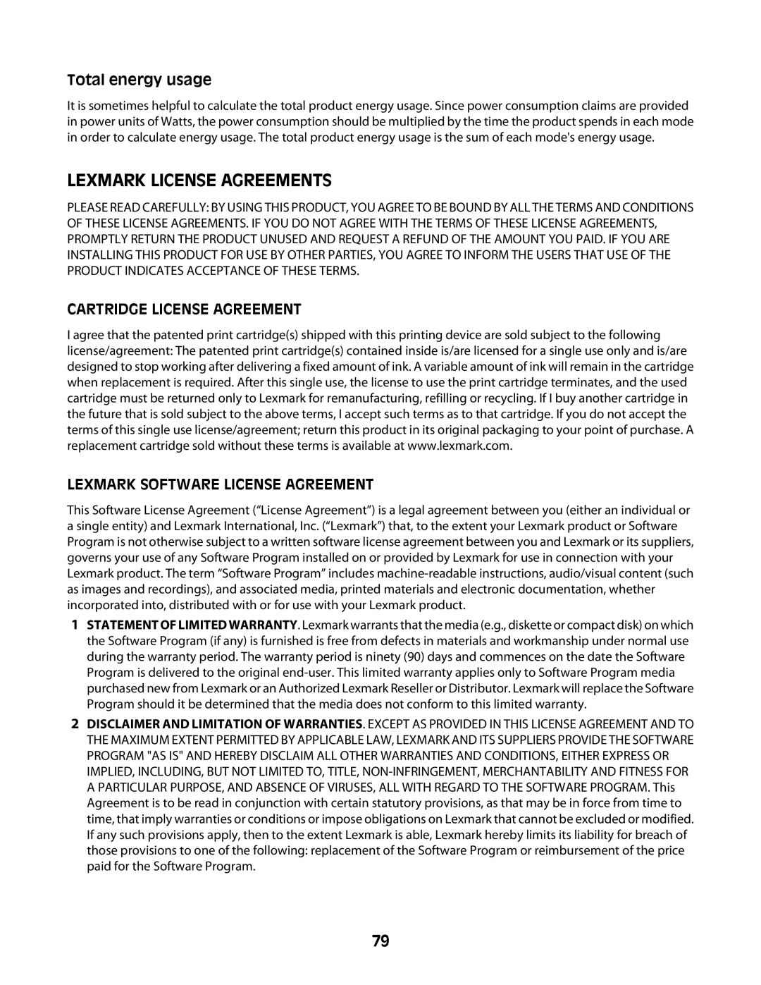 Lexmark Z2400 Series manual Lexmark License Agreements, Total energy usage 