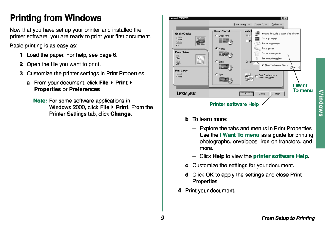 Lexmark Z35 manual Printing from Windows, Click Help to view the printer software Help 