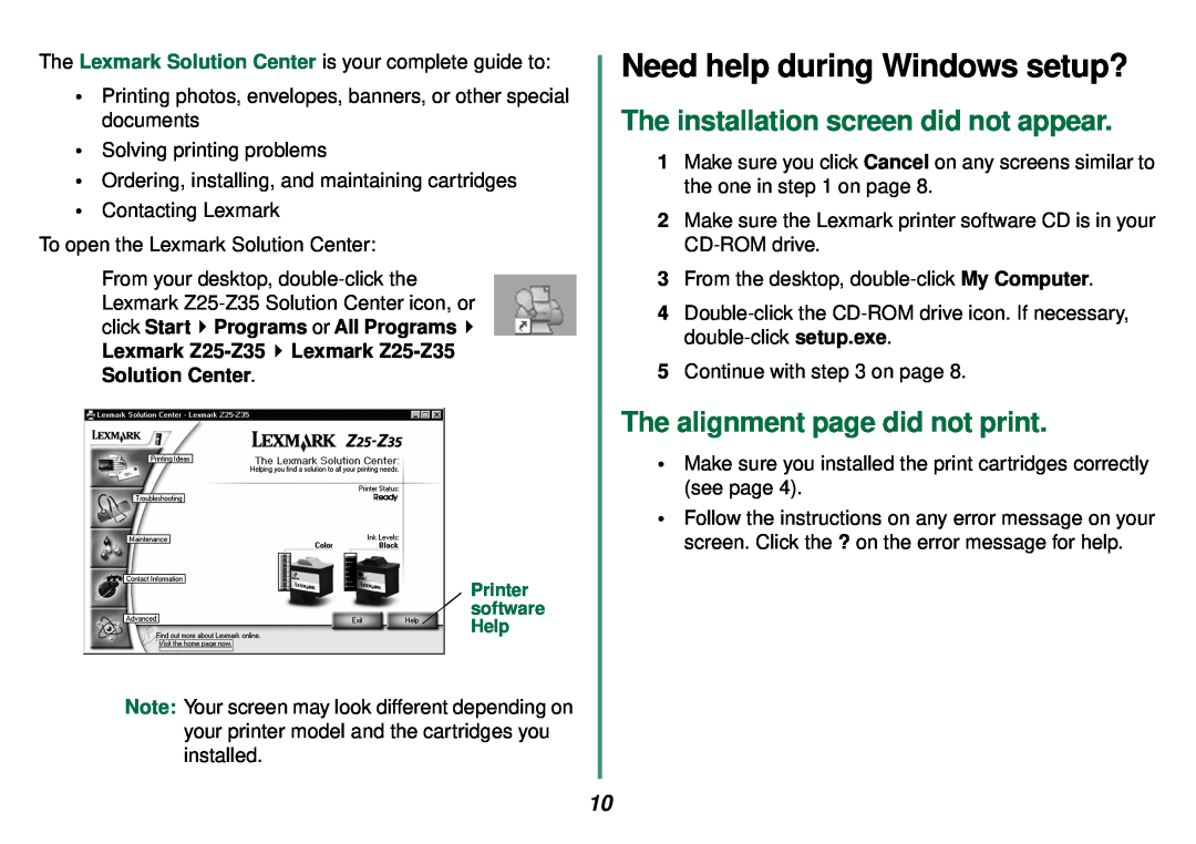 Lexmark Z35 Need help during Windows setup?, The installation screen did not appear, The alignment page did not print 