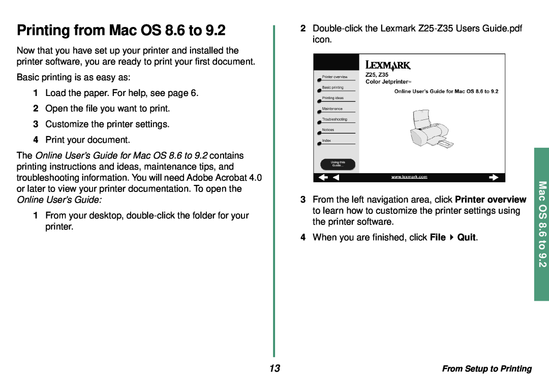 Lexmark Z35 manual Printing from Mac OS 8.6 to 
