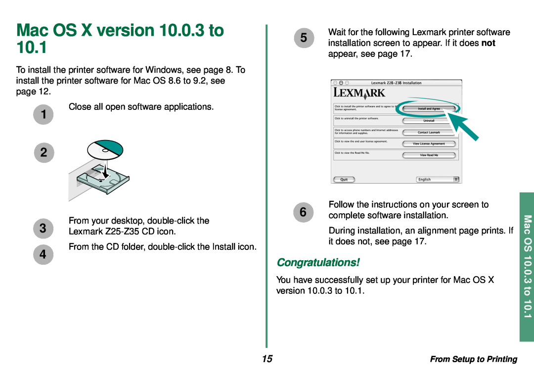 Lexmark Z35 manual Mac OS X version 10.0.3 to, Congratulations, Mac OS 10.0.3 to 