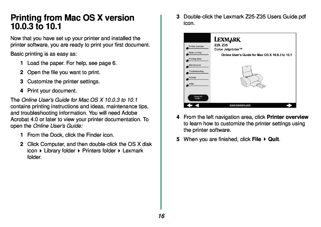 Lexmark Z35 manual Printing from Mac OS X version 10.0.3 to 