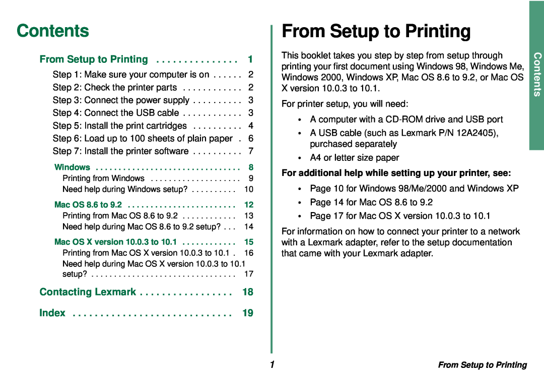 Lexmark Z35 manual From Setup to Printing, Contents, For additional help while setting up your printer, see 