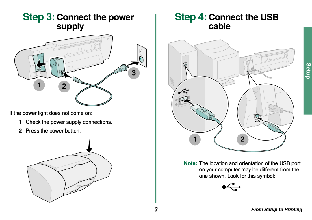 Lexmark Z35 manual Connect the power supply, Connect the USB cable, From Setup to Printing 