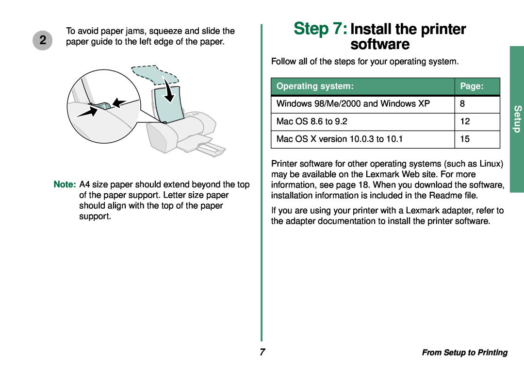 Lexmark Z35 manual Install the printer software, Operating system, Page, Setup 