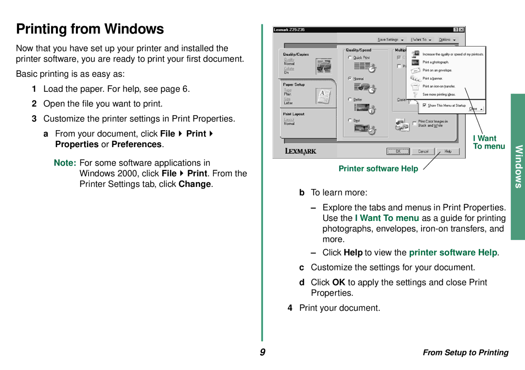 Lexmark Z35 manual Printing from Windows, Click Help to view the printer software Help 