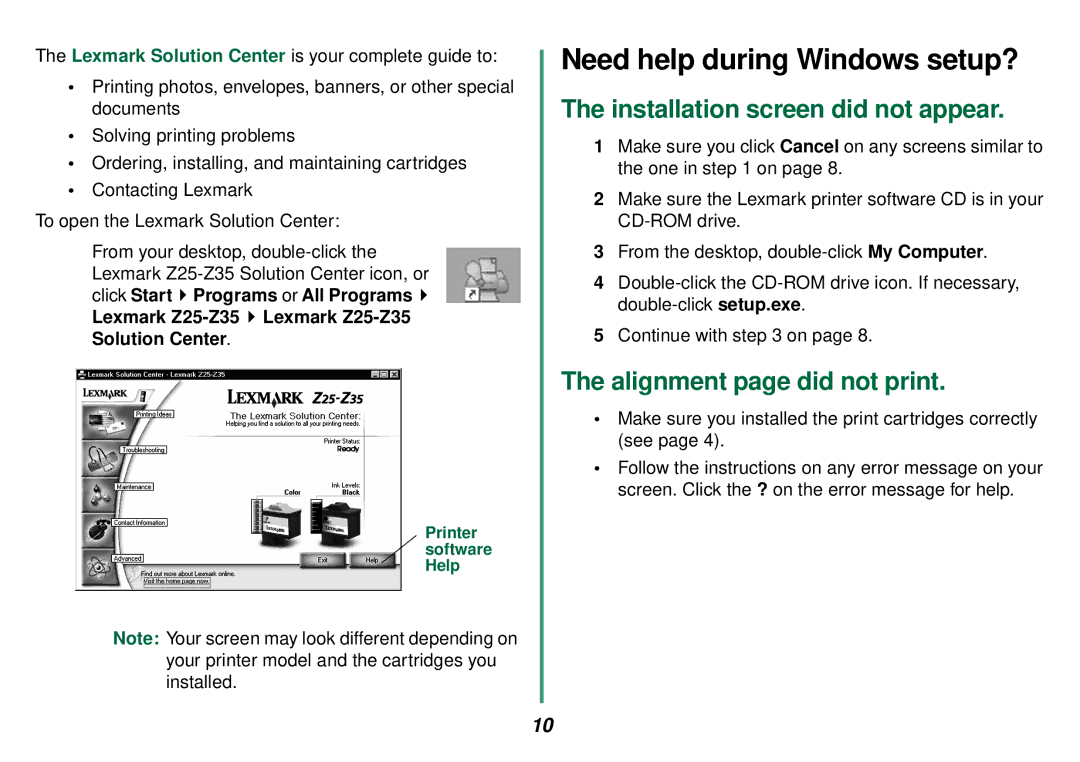 Lexmark Z35 manual Need help during Windows setup?, Installation screen did not appear 