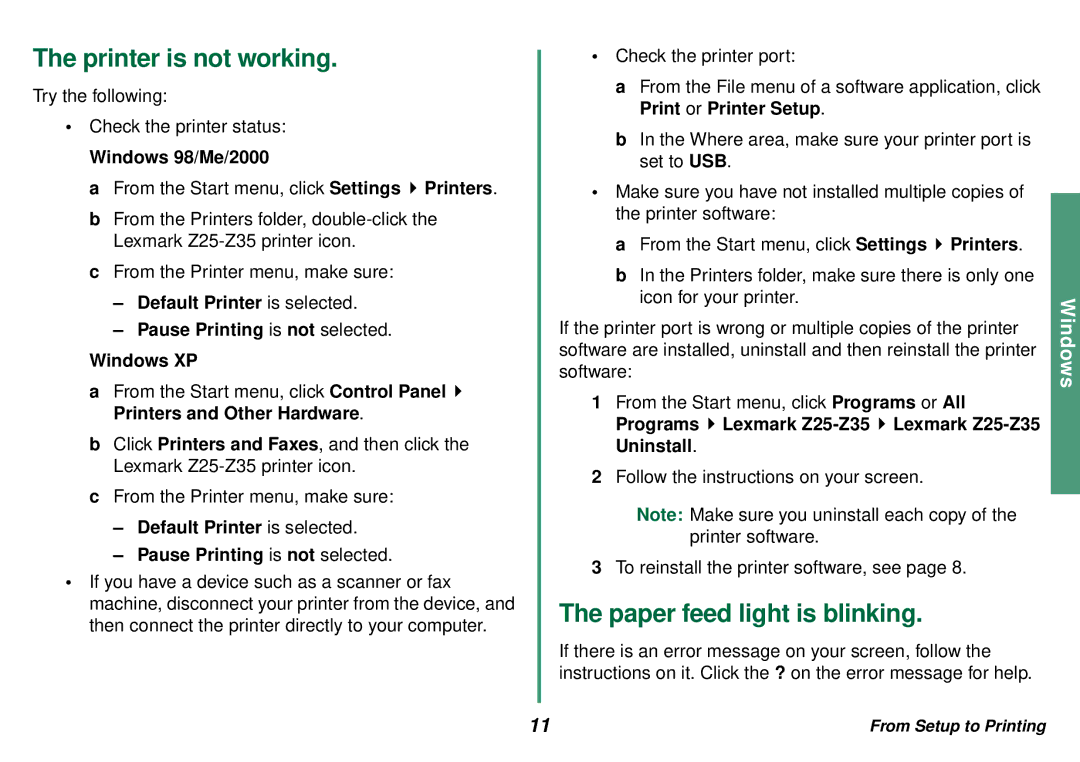 Lexmark Z35 manual Printer is not working 