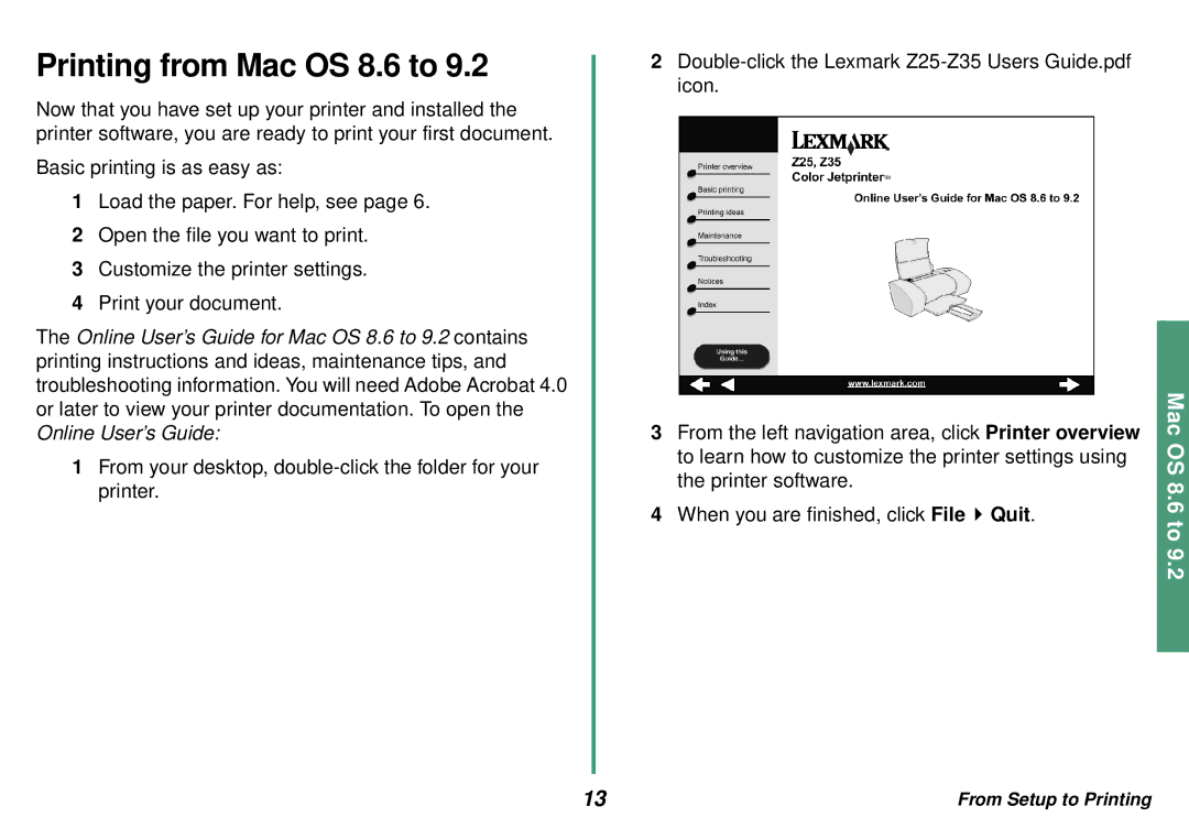 Lexmark Z35 manual Printing from Mac OS 8.6 to 