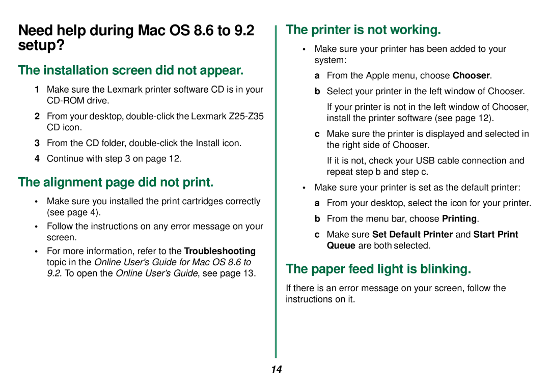 Lexmark Z35 manual Need help during Mac OS 8.6 to 9.2 setup? 