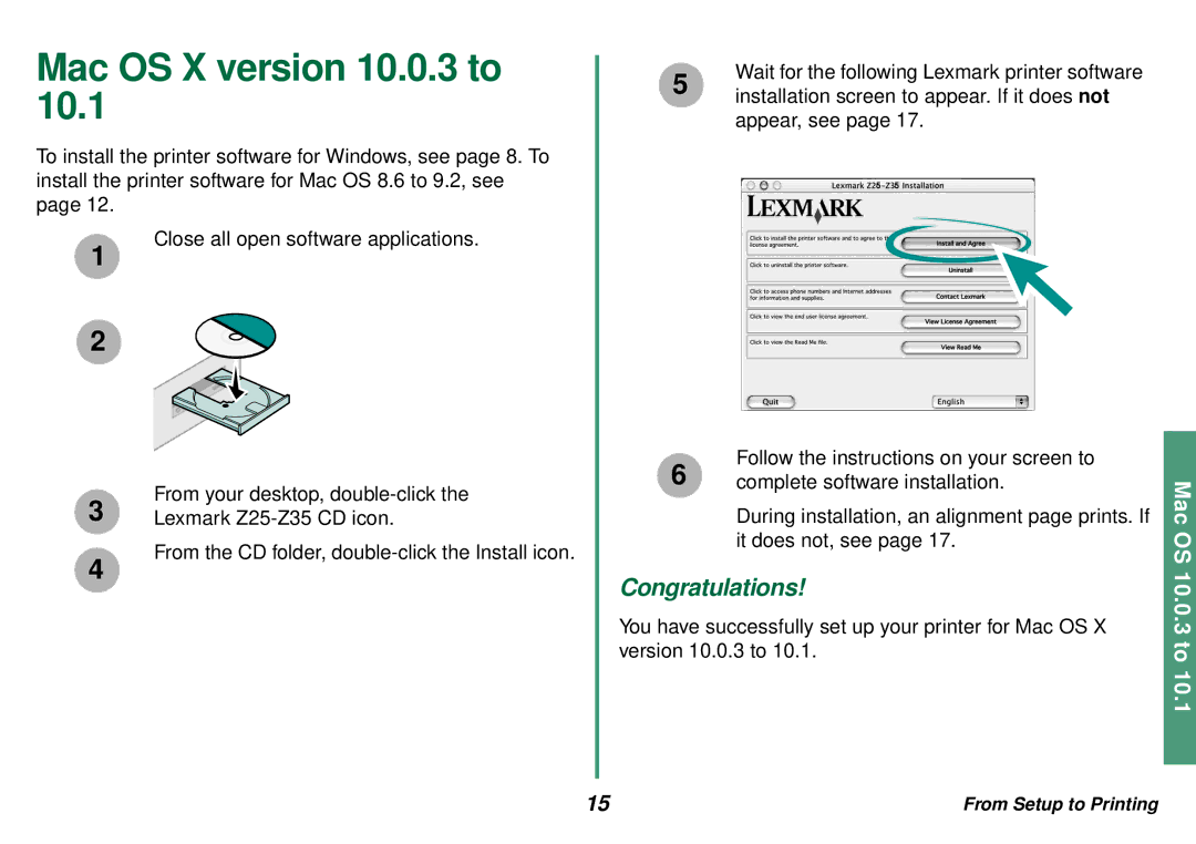 Lexmark Z35 manual Mac OS X version 10.0.3 to 