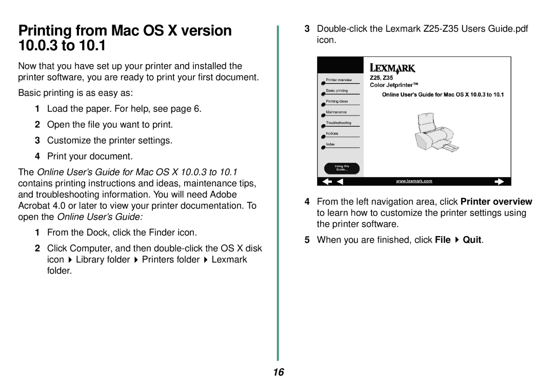 Lexmark Z35 manual Printing from Mac OS X version 10.0.3 to 