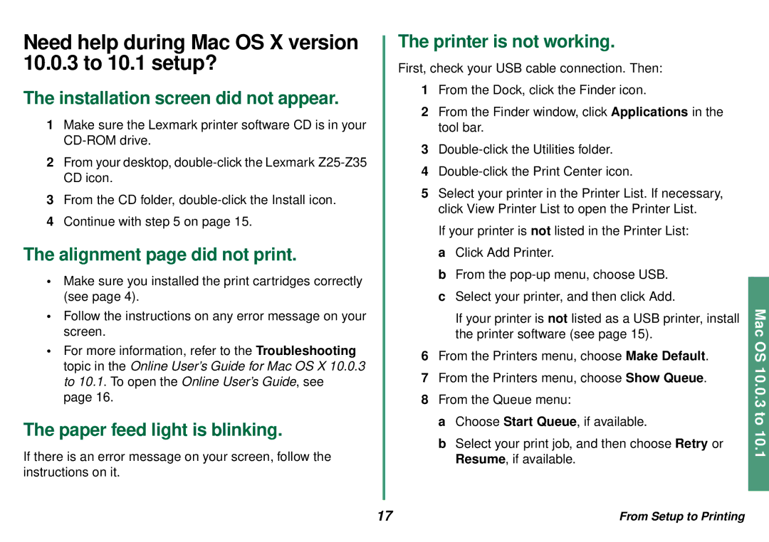 Lexmark Z35 manual Need help during Mac OS X version 10.0.3 to 10.1 setup? 