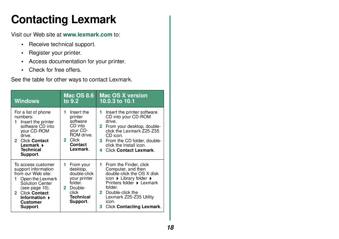 Lexmark Z35 manual Contacting Lexmark 