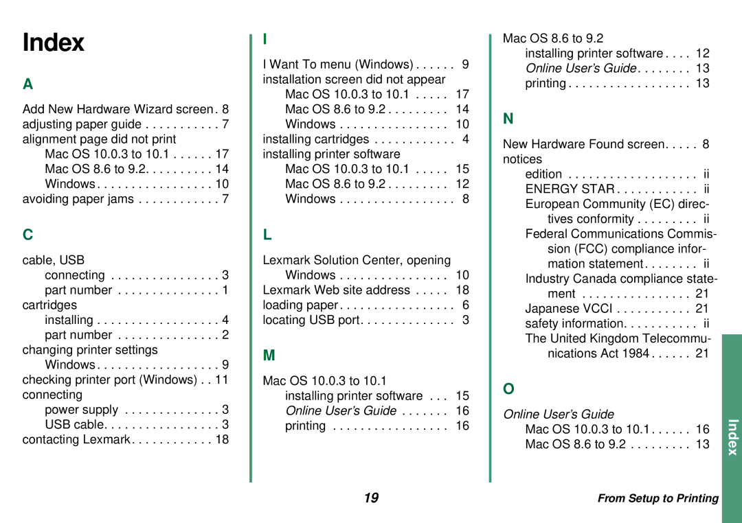 Lexmark Z35 manual Index 