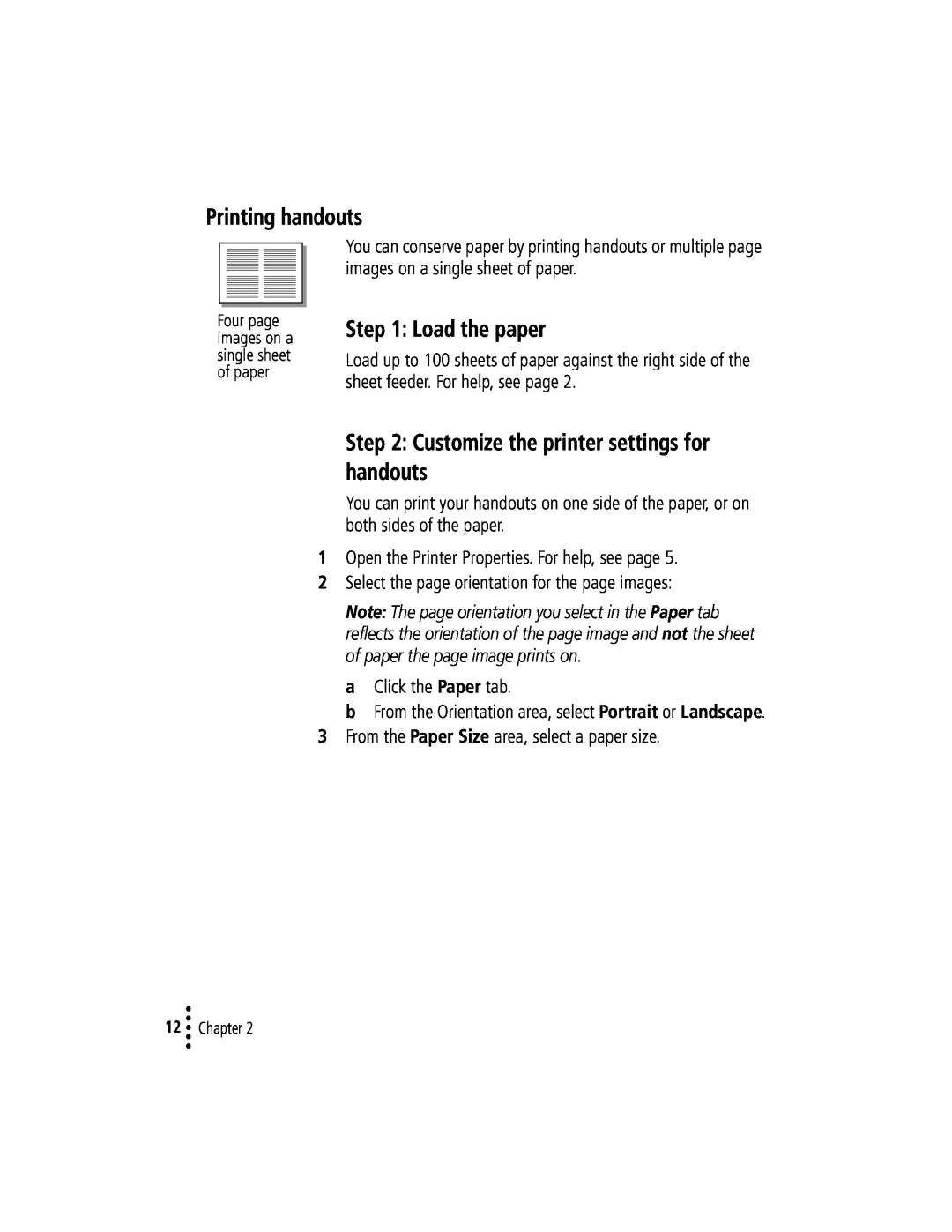 Lexmark Z42 manual Printing handouts, Customize the printer settings for handouts, Load the paper, Chapter 