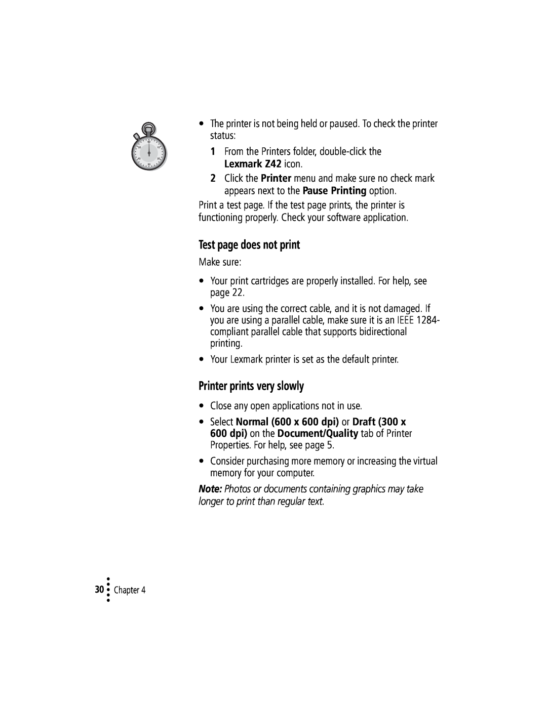 Lexmark Z42 manual Test page does not print, Printer prints very slowly, Select Normal 600 x 600 dpi or Draft 300 