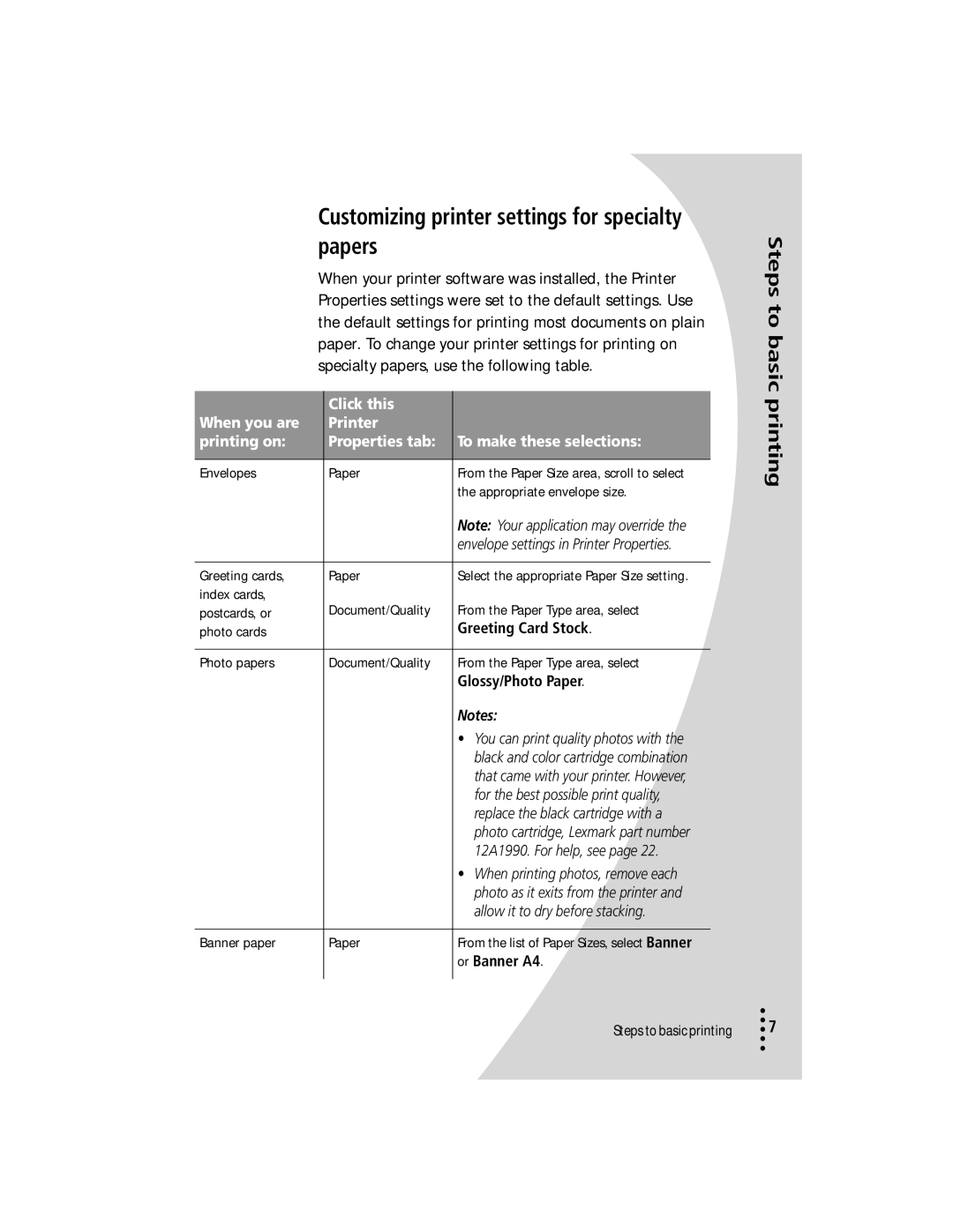 Lexmark Z42 manual Customizing printer settings for specialty papers, Greeting Card Stock, Glossy/Photo Paper, Or Banner A4 