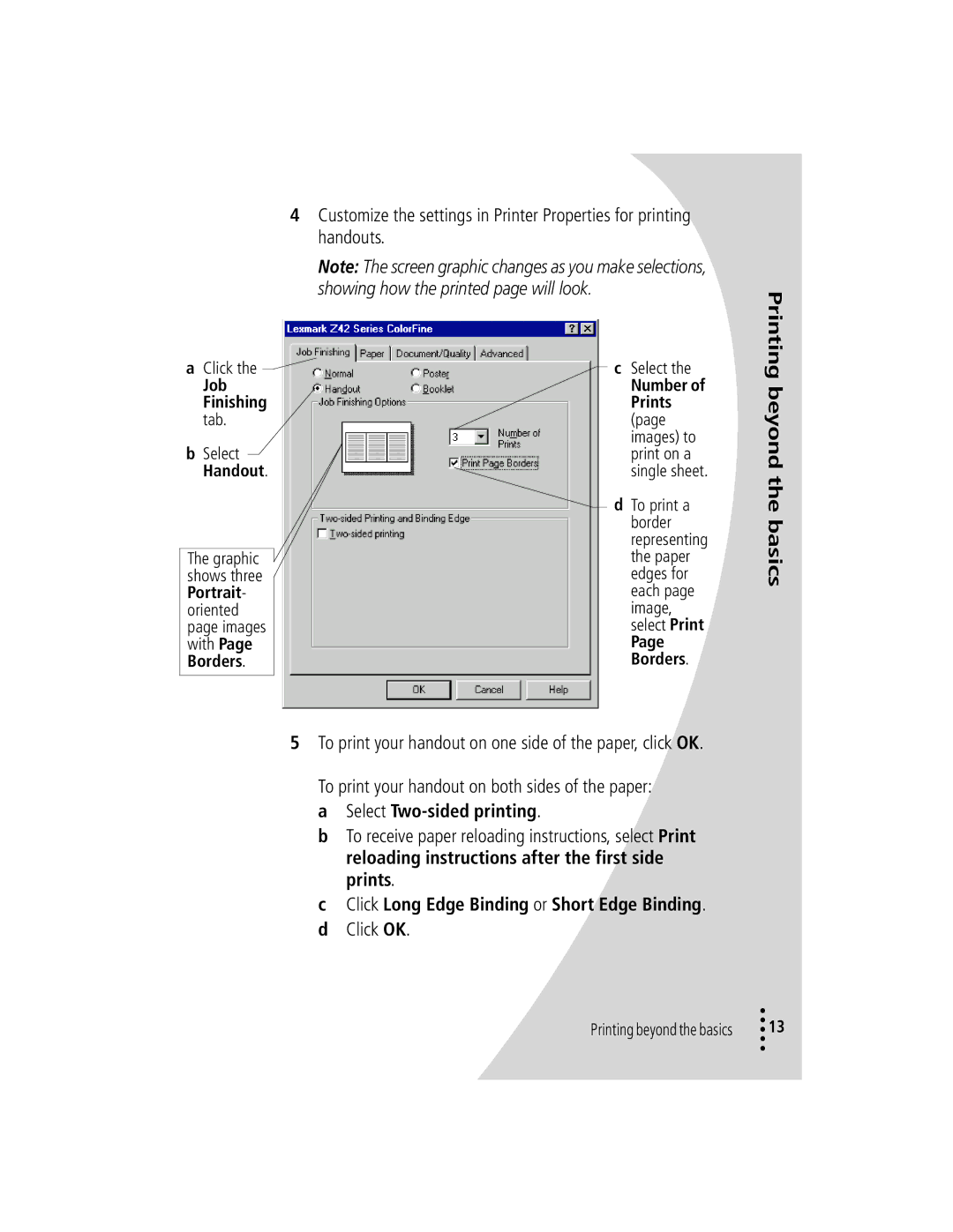 Lexmark Z42 manual Click Long Edge Binding or Short Edge Binding. d Click OK 