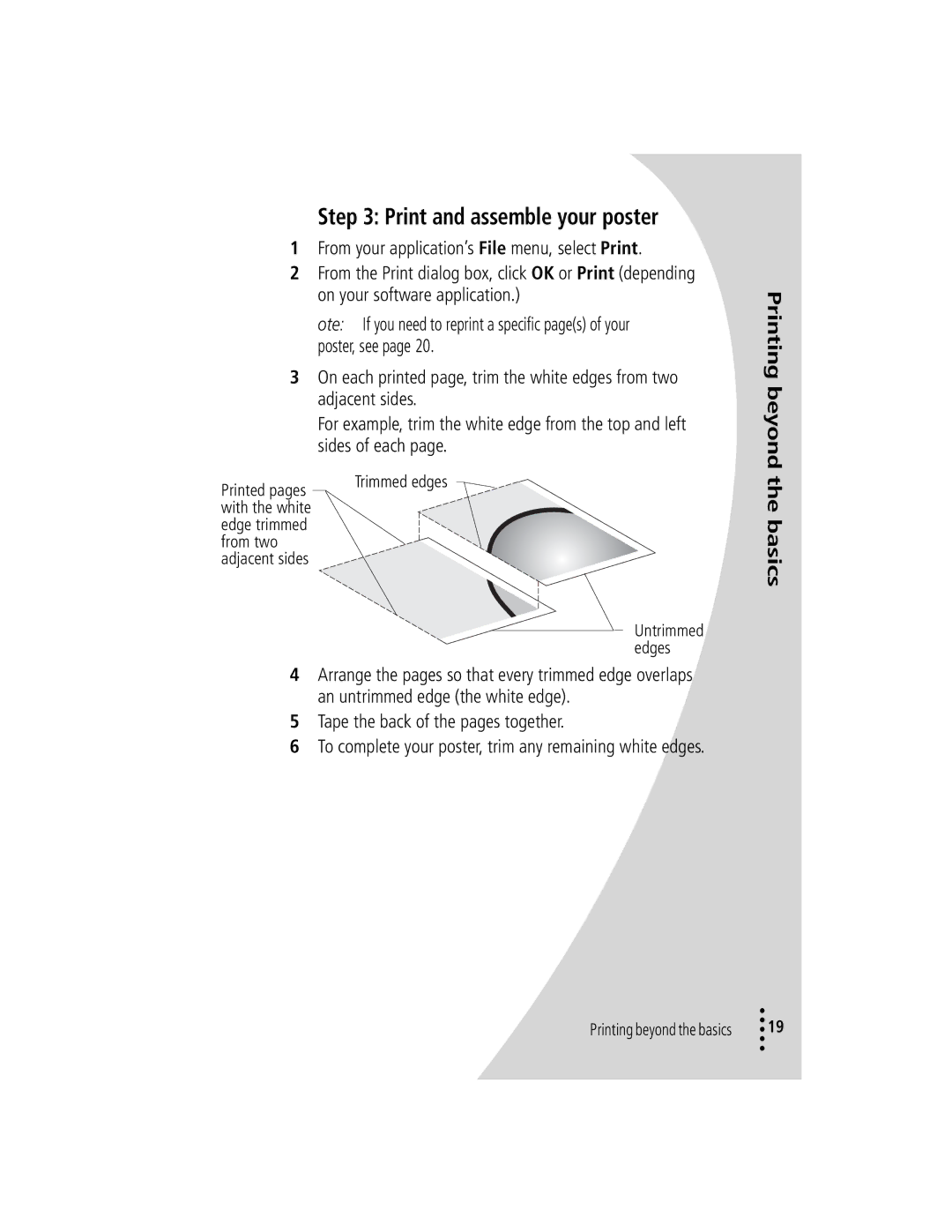 Lexmark Z42 manual Print and assemble your poster, Printed pages, With the white Edge trimmed From two Adjacent sides 