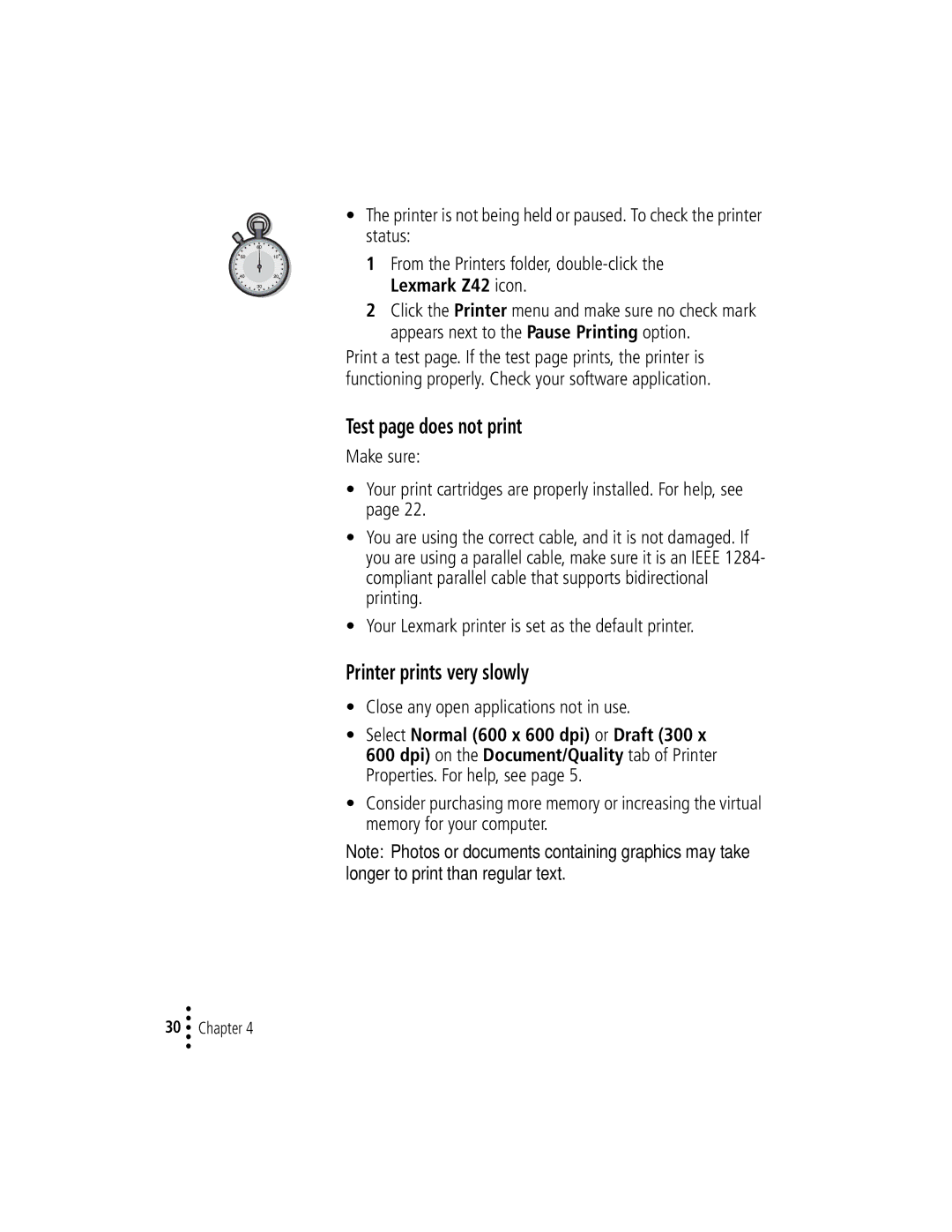 Lexmark Z42 manual Test page does not print, Printer prints very slowly, Select Normal 600 x 600 dpi or Draft 300 