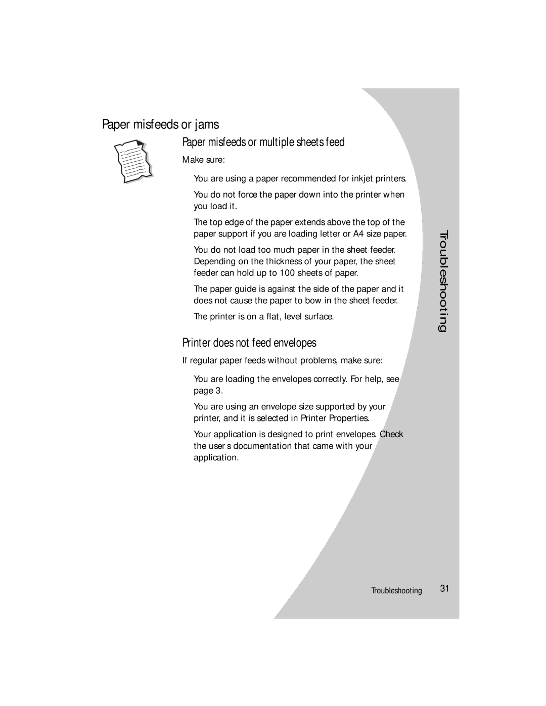 Lexmark Z42 manual Paper misfeeds or jams, Paper misfeeds or multiple sheets feed, Printer does not feed envelopes 