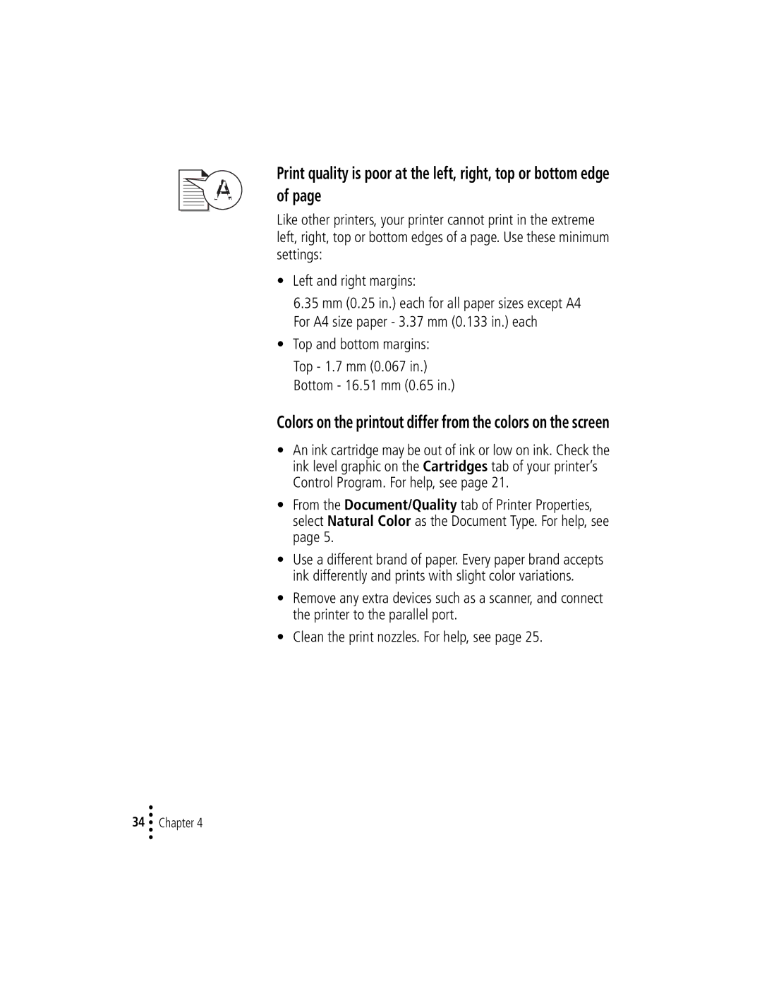 Lexmark Z42 manual Print quality is poor at the left, right, top or bottom edge 