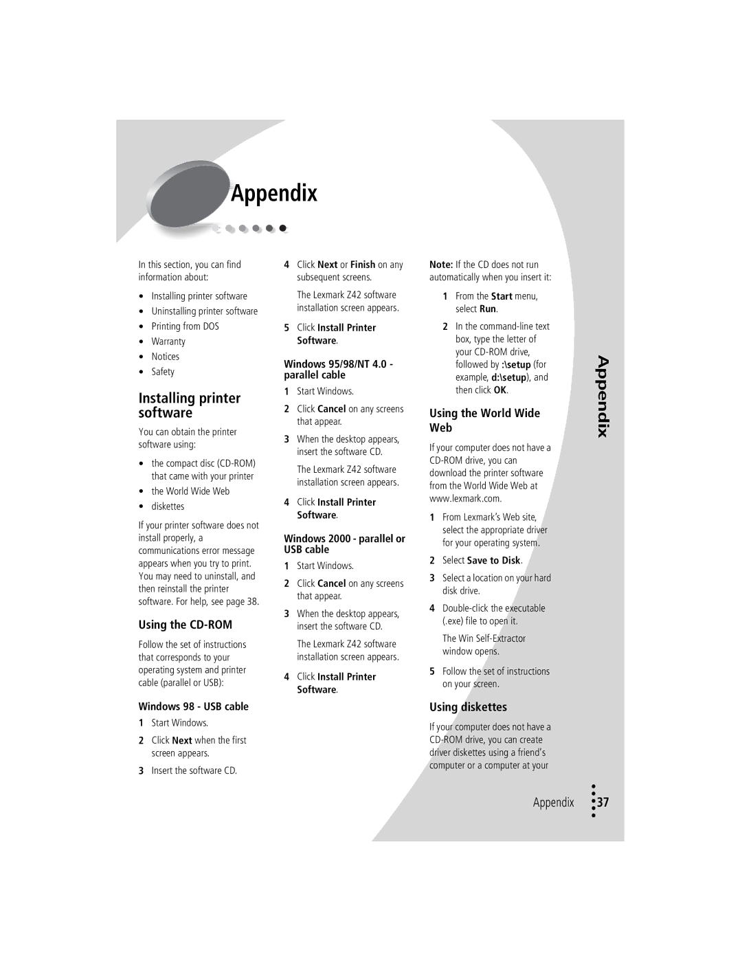 Lexmark Z42 manual Installing printer, Software, Appendix 