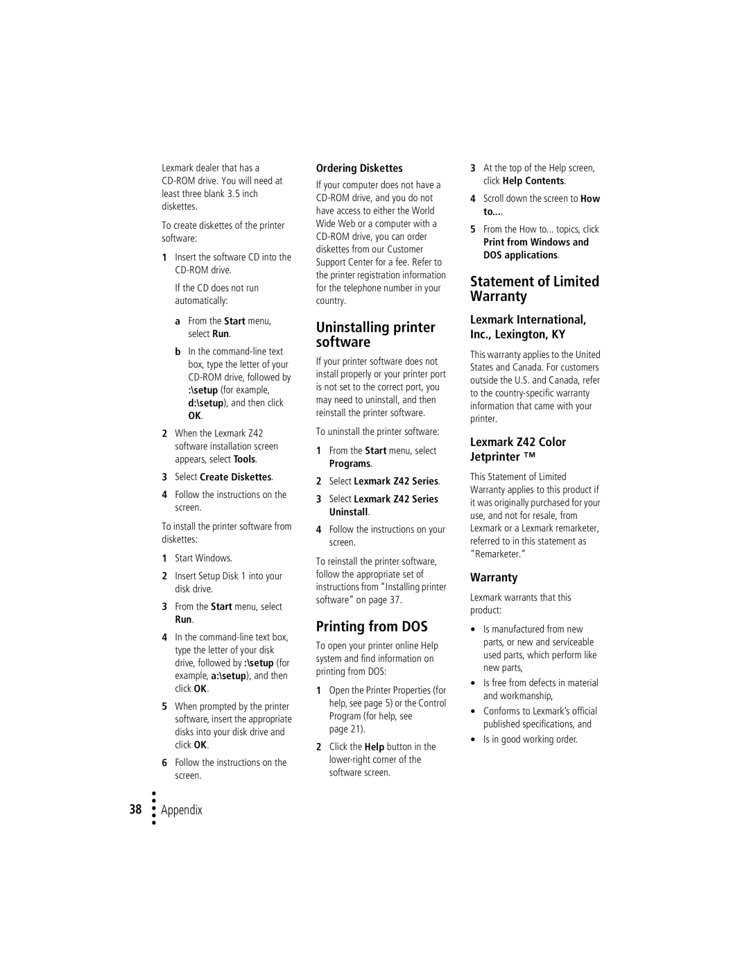 Lexmark Uninstalling printer software, Printing from DOS, Statement of Limited Warranty, Lexmark Z42 Color Jetprinter 