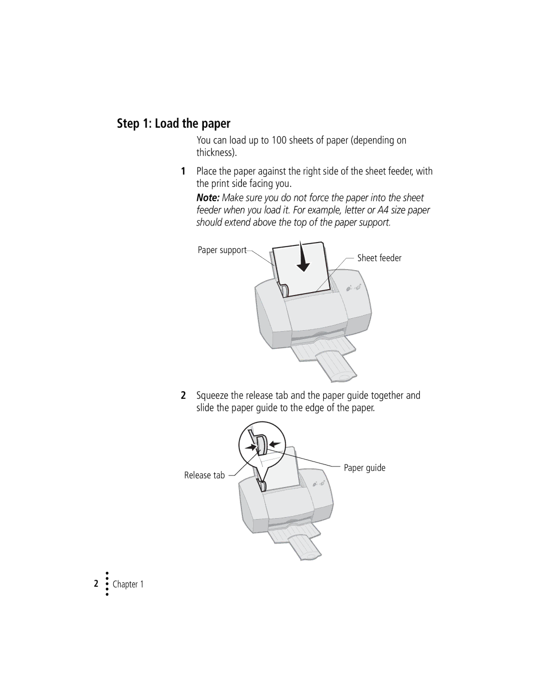 Lexmark Z42 manual Load the paper, Paper support Sheet feeder, Release tab Paper guide Chapter 