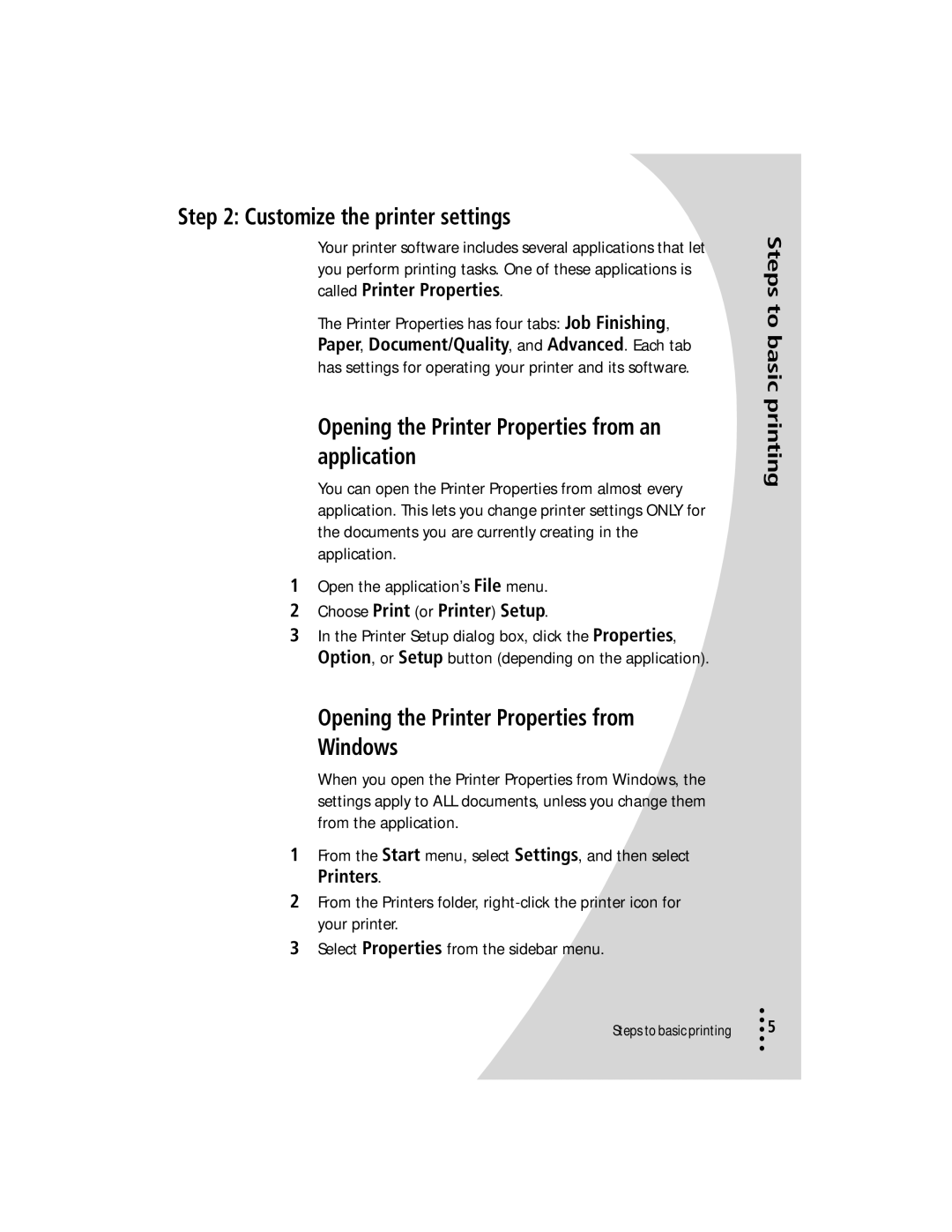 Lexmark Z42 Customize the printer settings, Opening the Printer Properties from an application, Steps to basic printing 