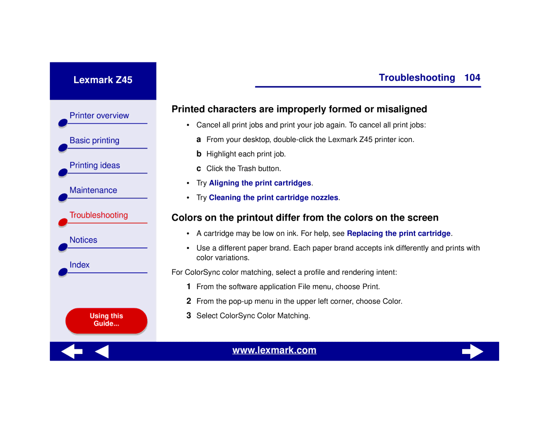 Lexmark Z45 manual Printed characters are improperly formed or misaligned 