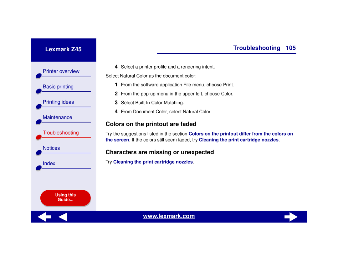 Lexmark Z45 manual Colors on the printout are faded, Characters are missing or unexpected 