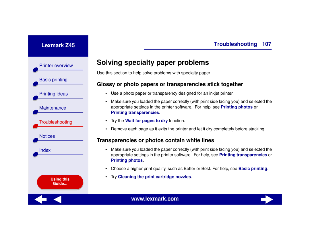 Lexmark Z45 manual Solving specialty paper problems, Glossy or photo papers or transparencies stick together 