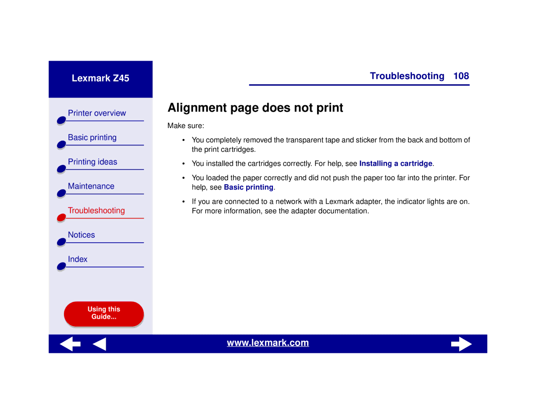 Lexmark Z45 manual Alignment page does not print 