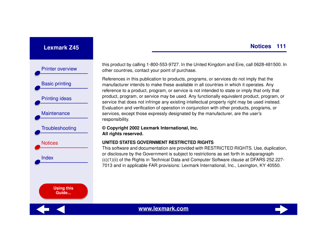 Lexmark Z45 manual United States Government Restricted Rights 