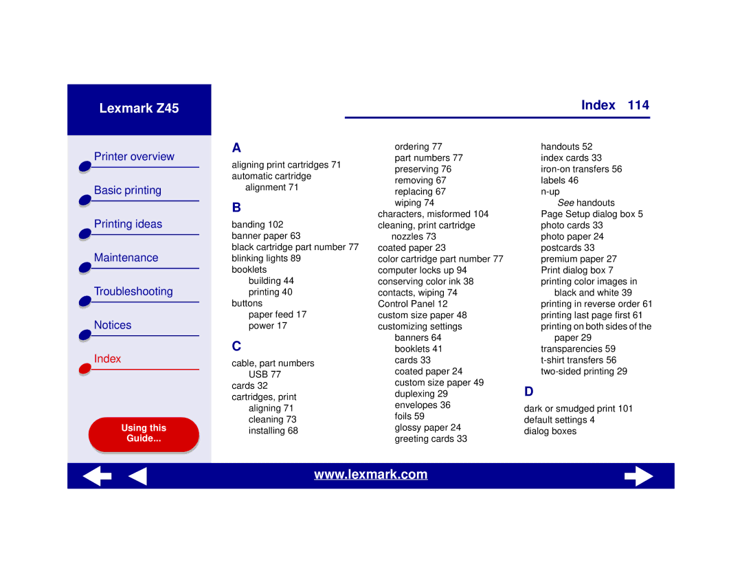 Lexmark Z45 manual Index 