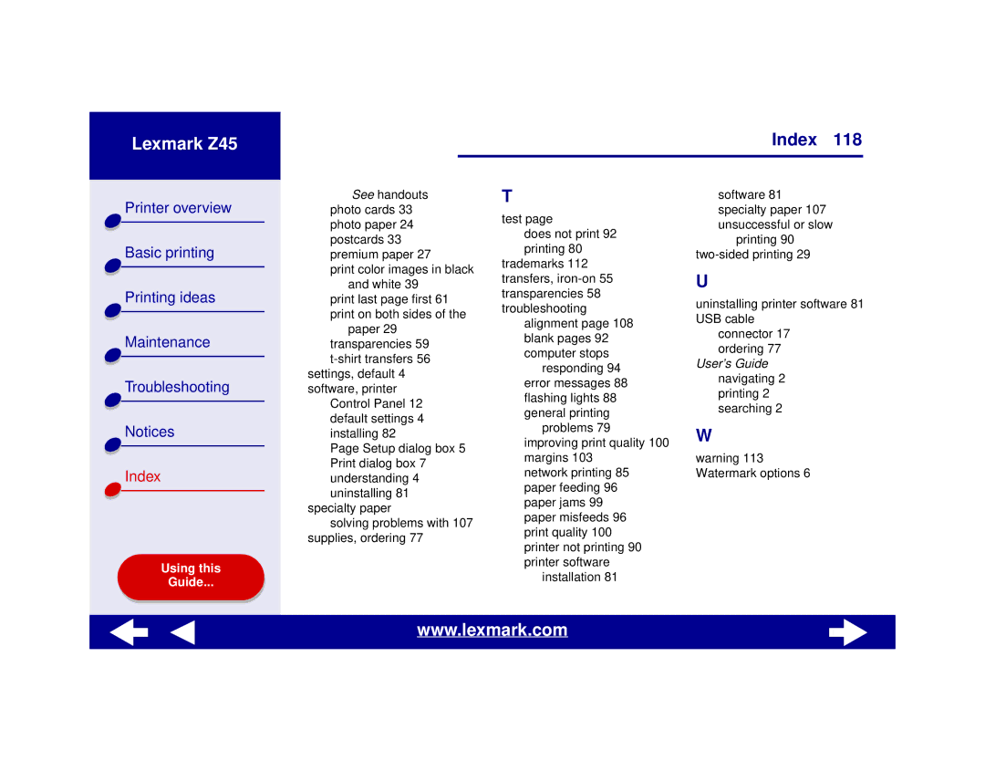 Lexmark Z45 manual Index 