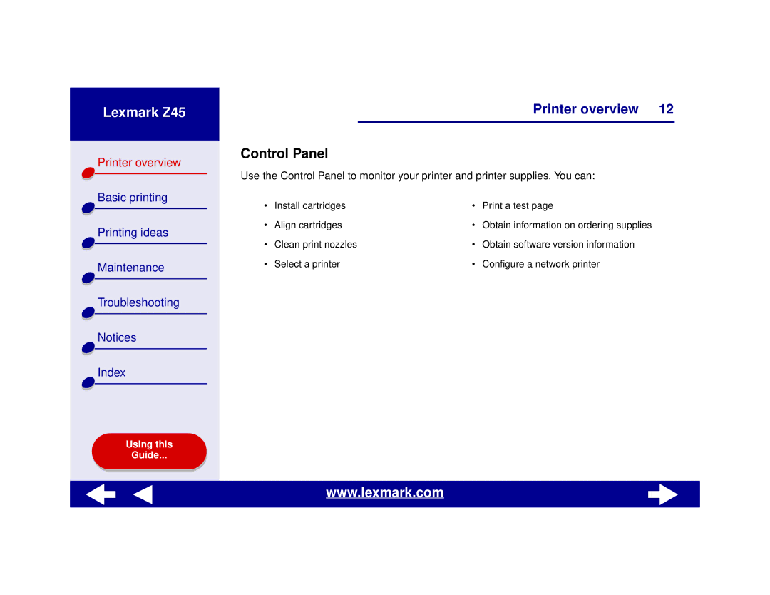 Lexmark Z45 manual Control Panel 